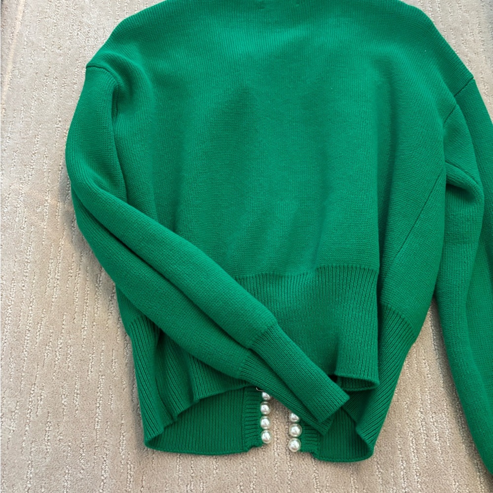 Green Cardigan Sweater with Pearl Accents - Picture 5 of 7